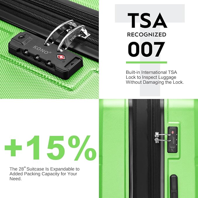 Kono 4 Piece Luggage Sets Expandable(only 28") Lightweight with Spinner Wheels TSA Lock Hardside Travel Rolling Suitcases 20in 24in 28in Carry on and 12in Mini Cosmetic Case Apple Green