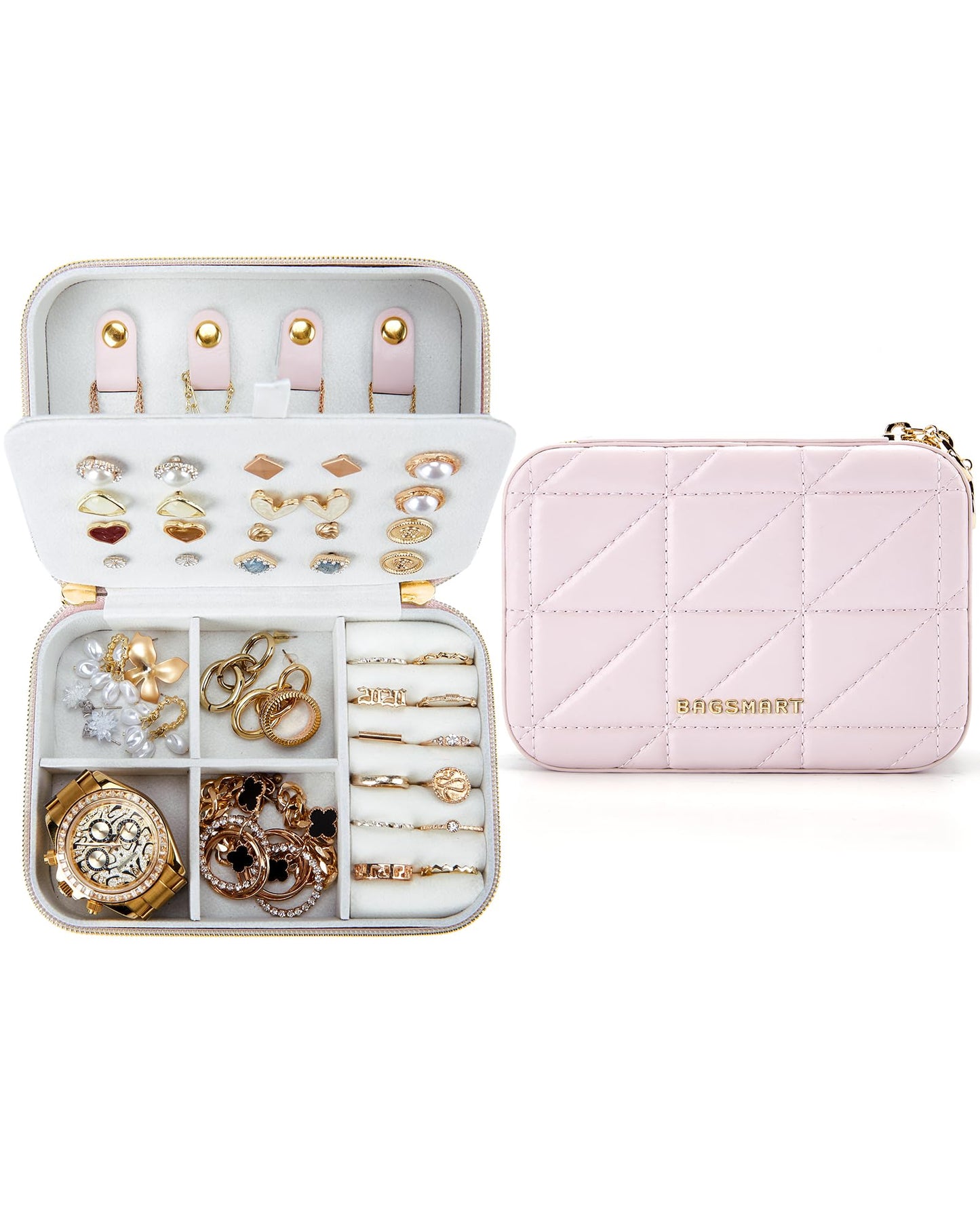 BAGSMART Travel Jewelry Box, Small PU Leather Jewelry Organizer, Portable Double Layer Case for Necklaces, Rings, Earrings, Bracelets, Pink