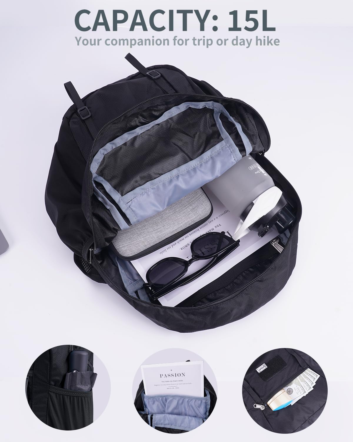 Blue Quartz 15L Small Hiking Backpack with Chest Pockets for Phone, Ultralight Hiking Daypack with Sternum Straps, Lightweight Foldable Packable Back Pack for Women Men(patent pending)