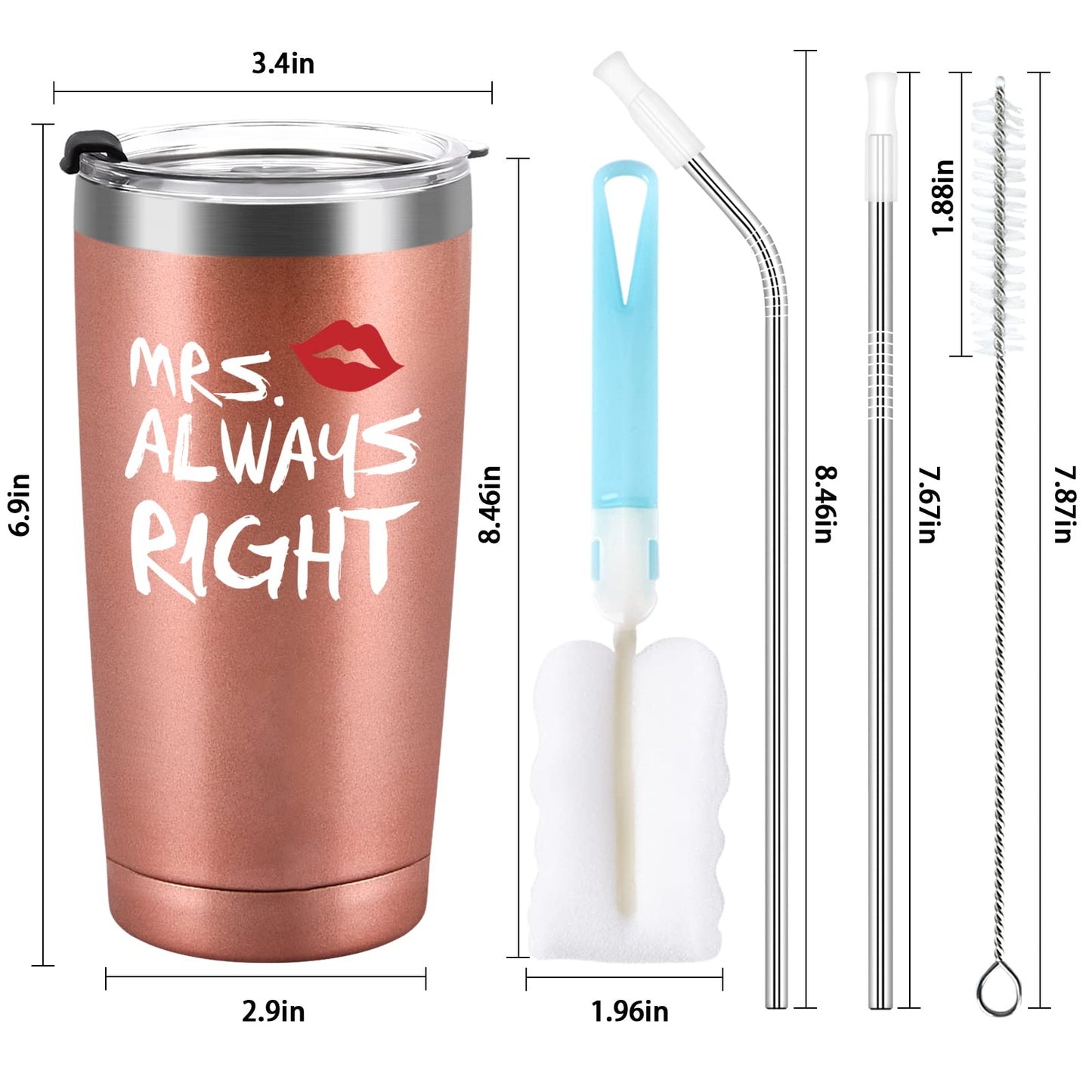 Qtencas Mr. Right Mrs. Always Right Travel Tumbler Set, Wedding Engagement Gifts for Husband Wife Newlywed Couples Bride Groom Anniversary, 20oz Stainless Steel Tumbler, Black and Rose Gold
