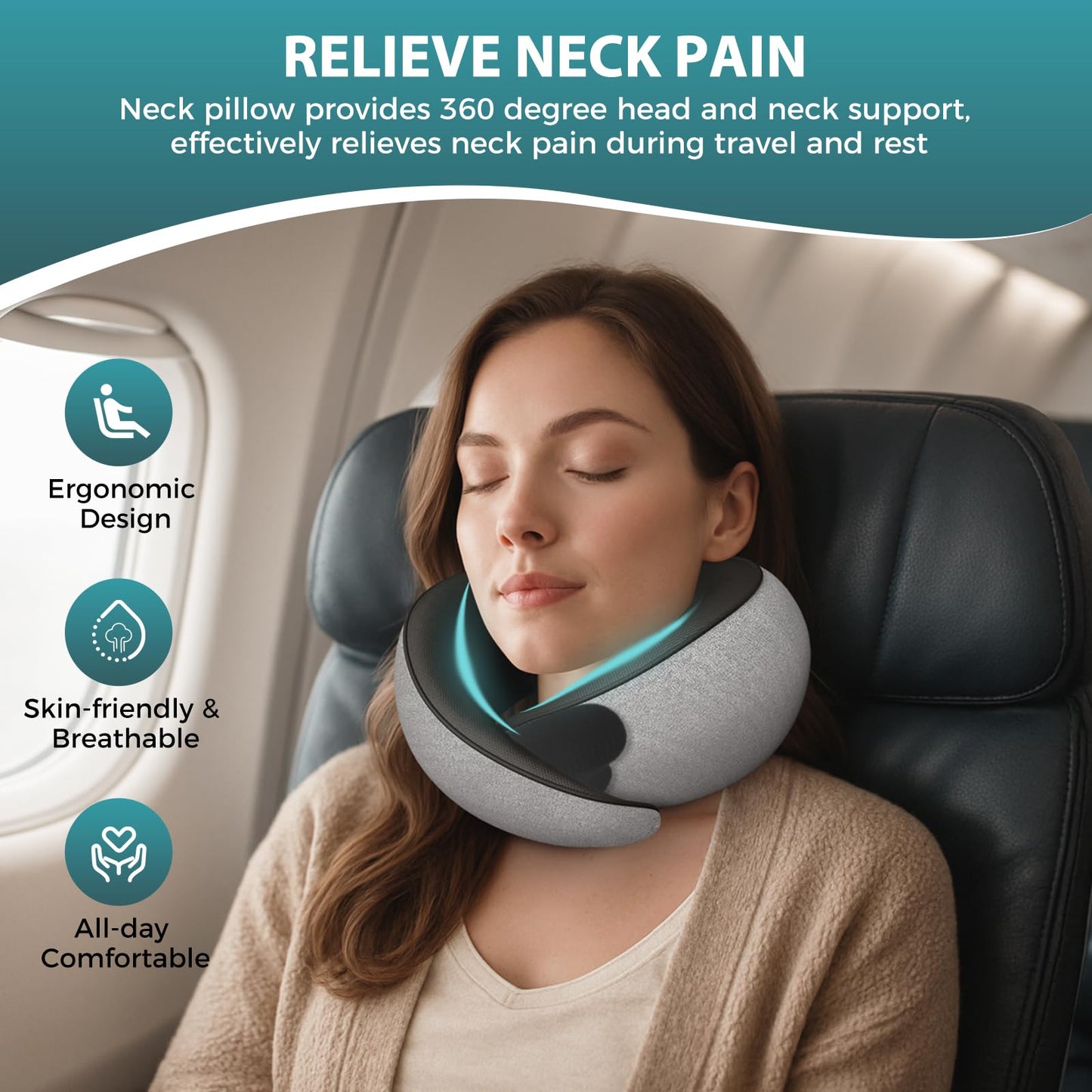 FIOGIKO Travel Neck Pillows for Airplanes - 360° Ergonomic Memory Foam Travel Pillow - Relief Neck Pain with Breathable Support for Long Flights, Car, Train & Office Use - Adults & Kids