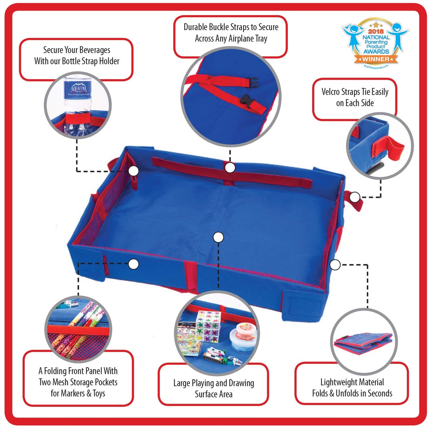 Fun N Fly Foldable Travel Tray - Blue Red Portable Durable Kids, Toddler, Baby Play Space and Snack Desk for Airplane Travel by FunnFly