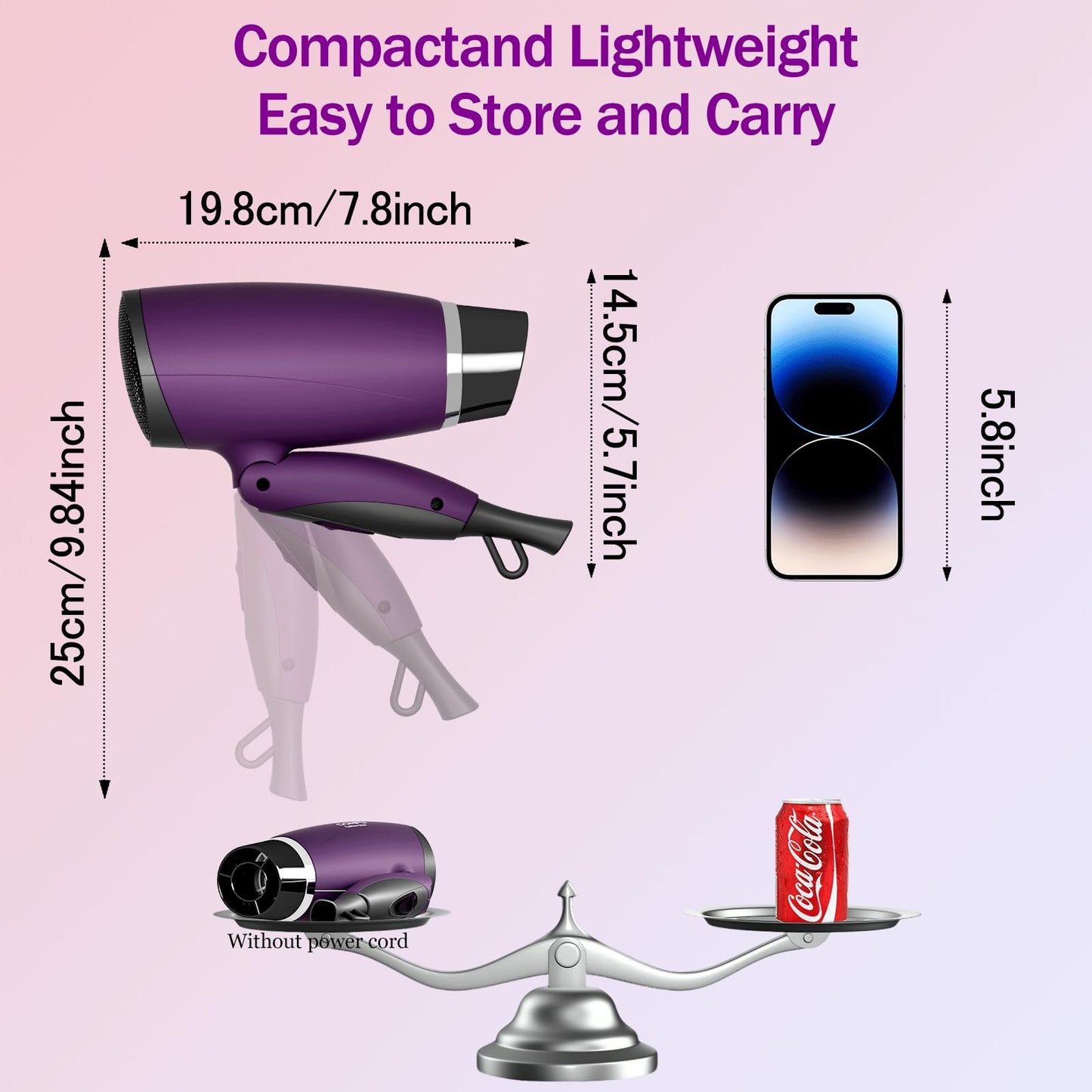 CONFU 1600W Small Portable Travel Hair Dryer with Folding Handle, Lightweight Hair Dryers for Women, Ceramic Tourmaline Ionic Hair Dryers with Nozzle, Mini Blow Dryer, Purple