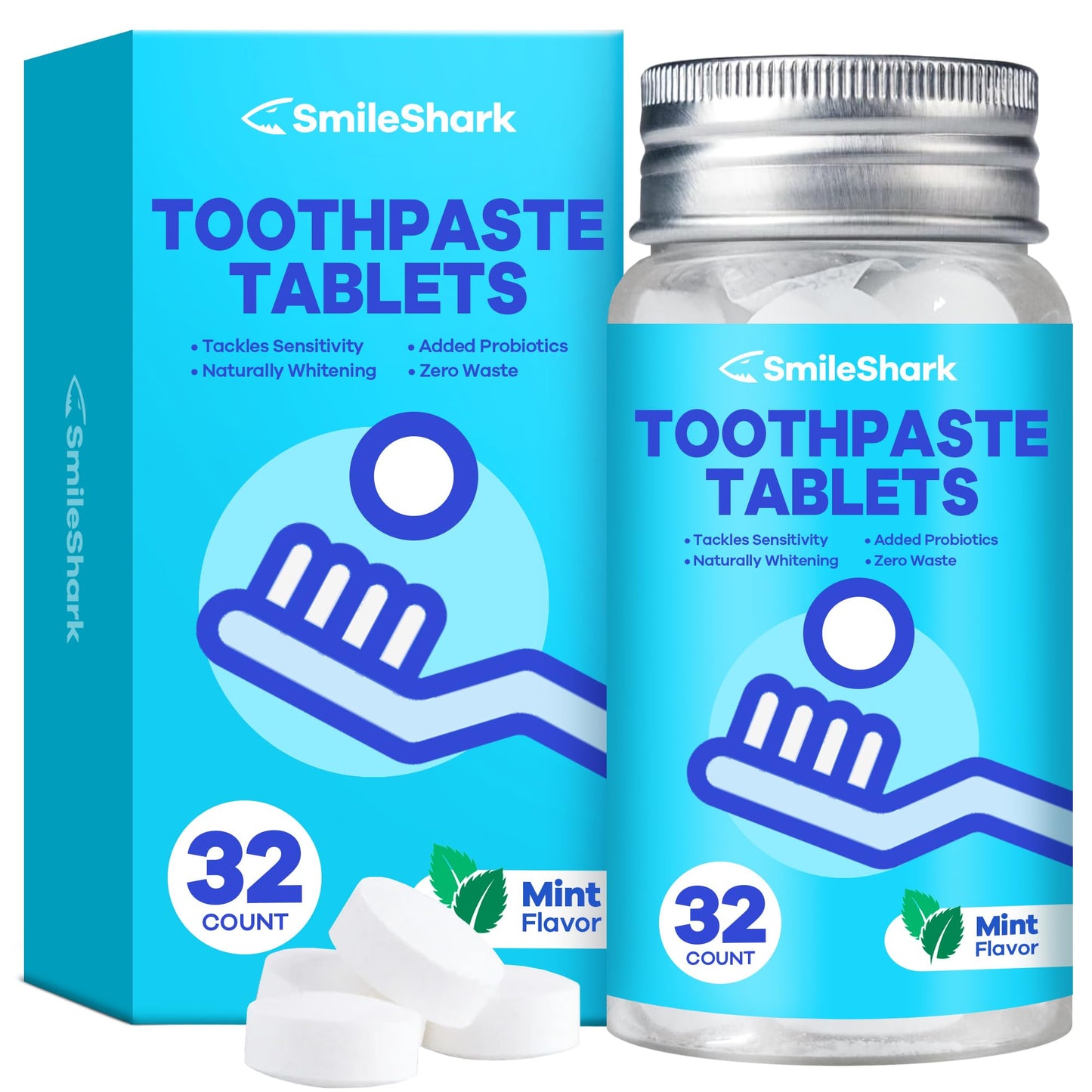 Smileshark Toothpaste Tablets (32 Count), Non Hydroxyapatite, Fluoride and Alcohol Bite Toothpaste, Eco-Friendly Toothpaste Tabs & Travel Toothpaste Tablets, Chewable Teeth Brushing Tablets