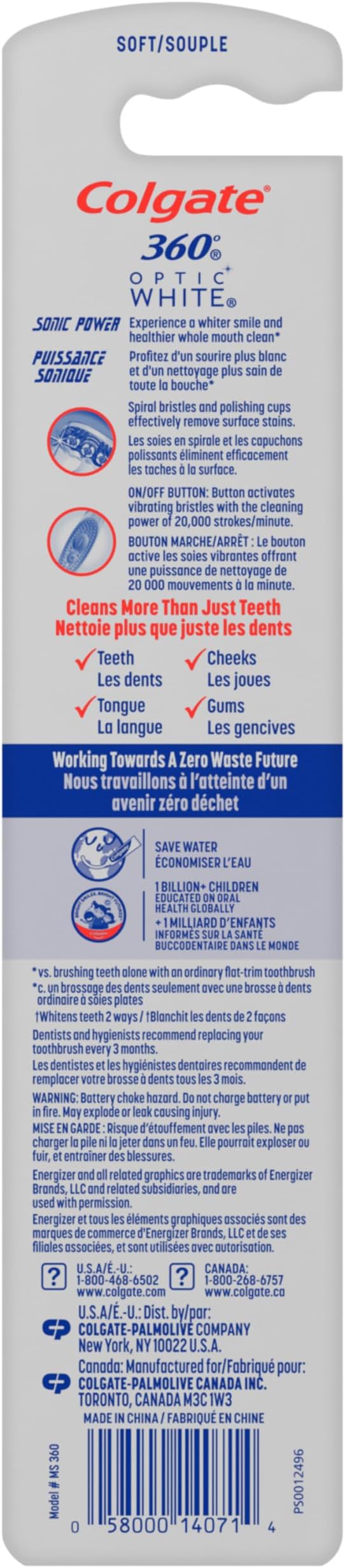 Colgate 360 Optic White Battery Powered Sonic Toothbrush, Soft, 1 Pack