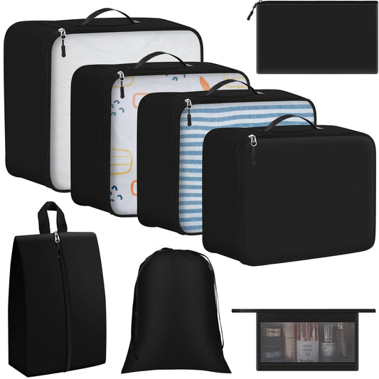 Geekclick 8 Set Packing Cubes for Travel Essentials, Organizers for Suitcase and Luggage in 4 Sizes, Luggage Organizer with Toiletries/Laundry/Shoes/Sock Bags (Black)