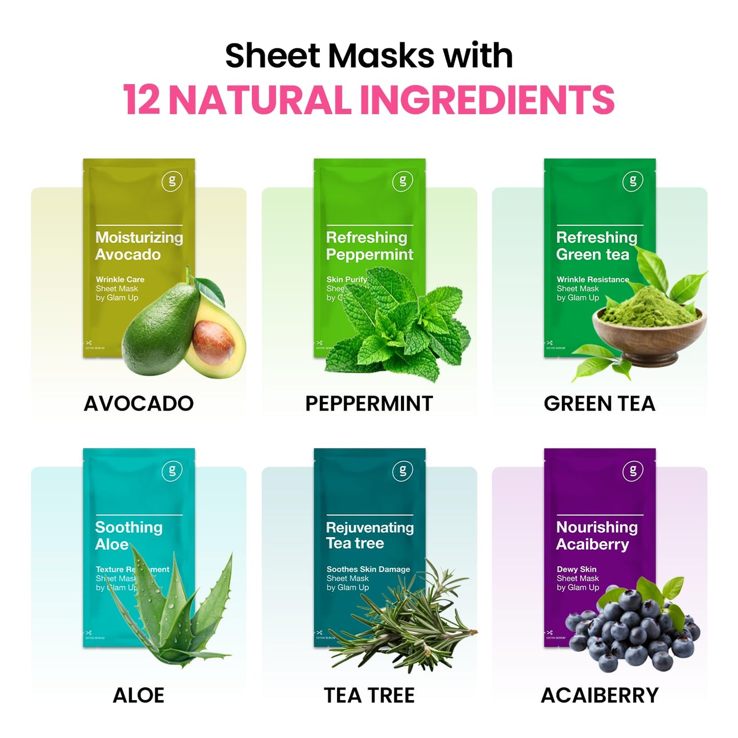 GLAM UP Premium Facial Sheet Mask 12 Combo (Pack of 12) | Clean Face Masks Skincare, Hydrating Face Masks, Moisturizing, Soothing, Beauty Mask For All Skin Type Variety Beauty Mask Set
