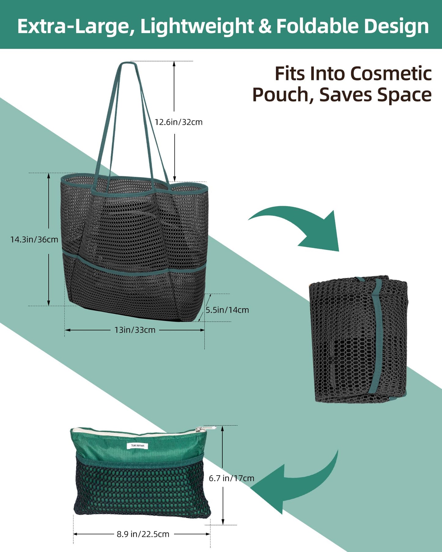 Mesh Beach Tote Bag Packable,2025 New 2-in-1 Large Lightweight Foldable Beach Bags with Multiple Pockets for Women (Black)