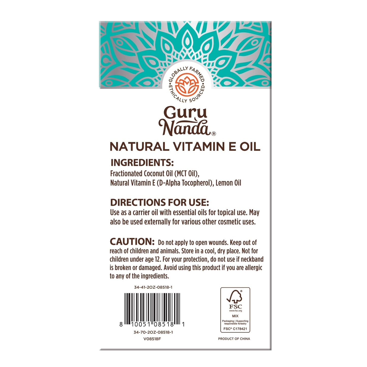 GuruNanda Vitamin E Oil, 2 Fl Oz Pure & Natural, 15,000 IU per Bottle, for Skin, Hair, Face, Nails & Scars, With Coconut Oil to Help Nourish & Moisture, Non-GMO & Vegan