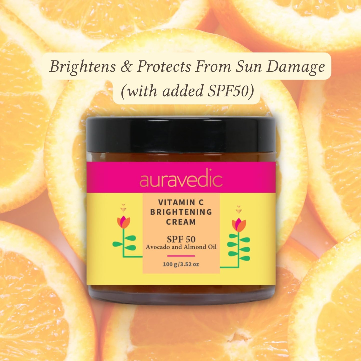 Auravedic Vitamin C Face Cream with SPF 50 for Glowing Skin | Reduces Sun Damage & Revives Dull Skin | Organic Hydration | Argan & Avocado Oil Infused Sunscreen Moisturizer | 3.53 Oz (100g)