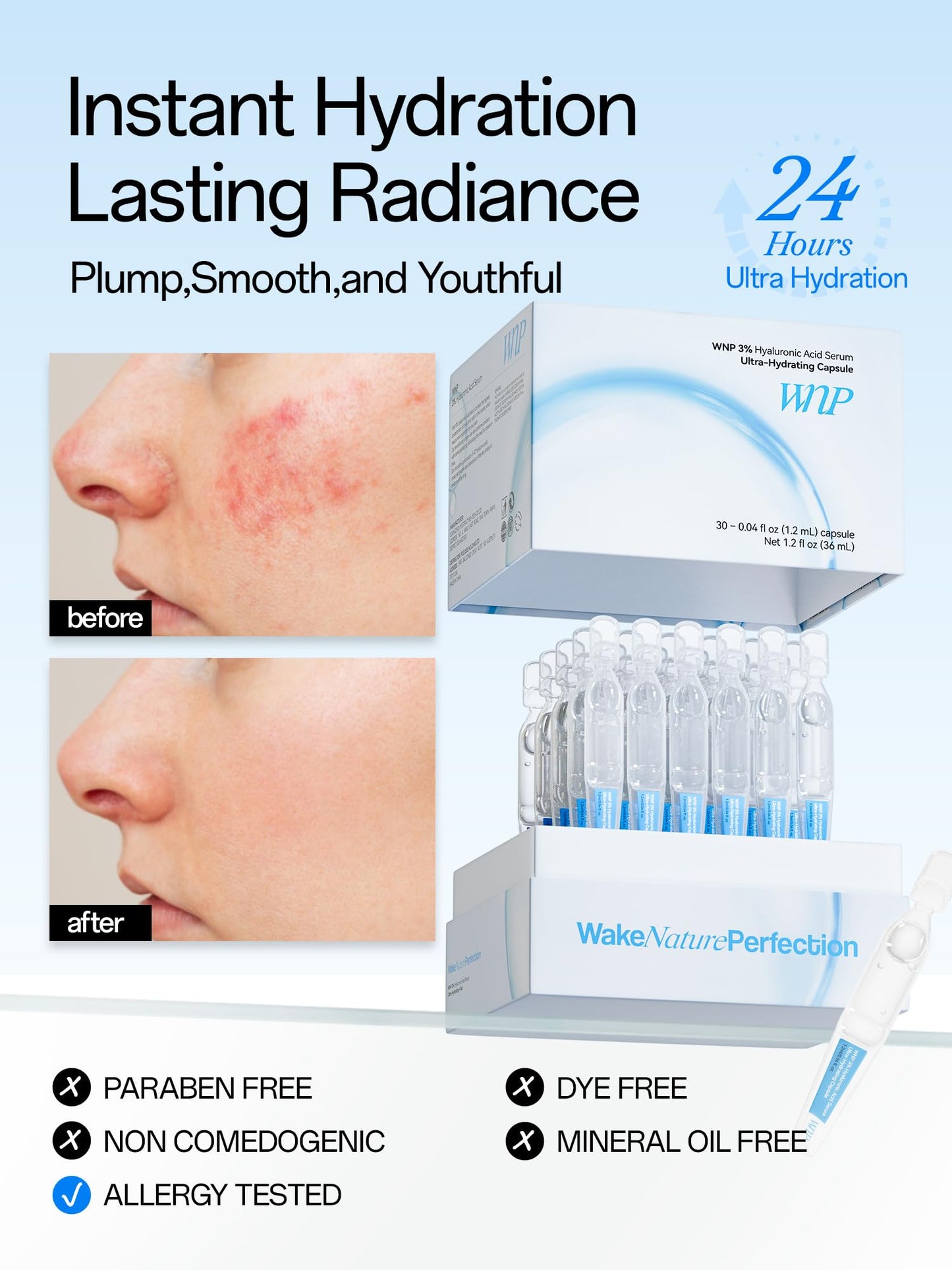 WNP 3% 4D Hyaluronic Acid Serum Ultra Hydrating Serum Smoother Skin|Pre-makeup SkinCare|Anti-Aging serum for face Single-Use Vials Skincare for Dry&Sensitive skin(1.2 ml)*30