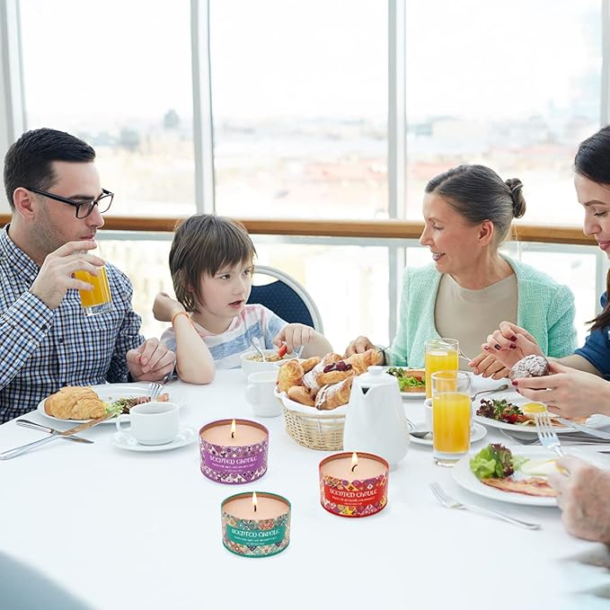 Set of 4 Lavender&Juniper, Fig, Clove and Cherry Scented Candles Gift Set for Christmas Women, Small 4.4oz Decorative Natural Soy Wax Aromatherapy Candles with Lids in Flower Tins for Home Decoration