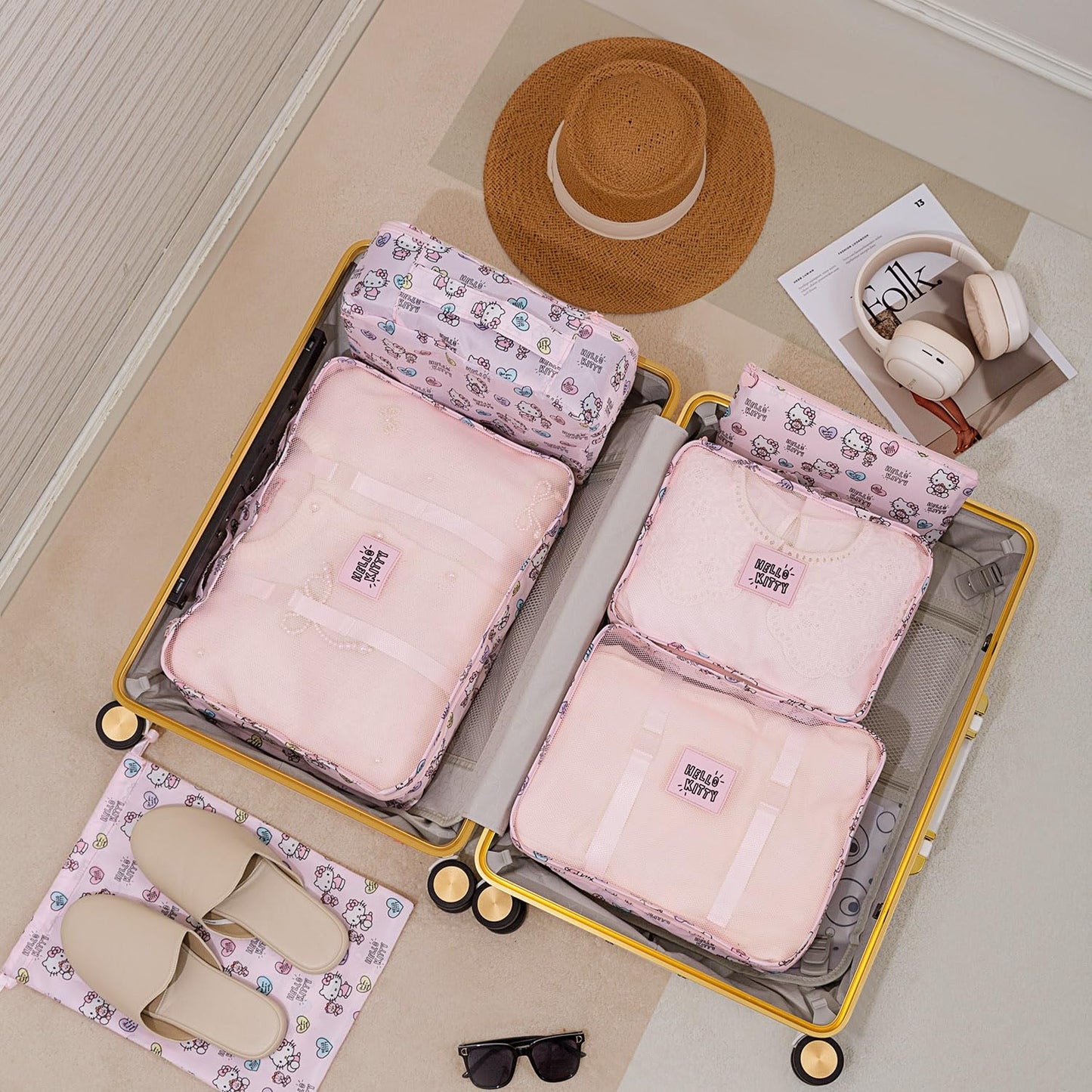 AmBealla 6 Set Travel Organizer,Packing Cubes for Travel Luggage Organizer Bags,Waterproof Pink Twill,Cute Packing Organizers for Business/Vacation,Women's Clothes Storage