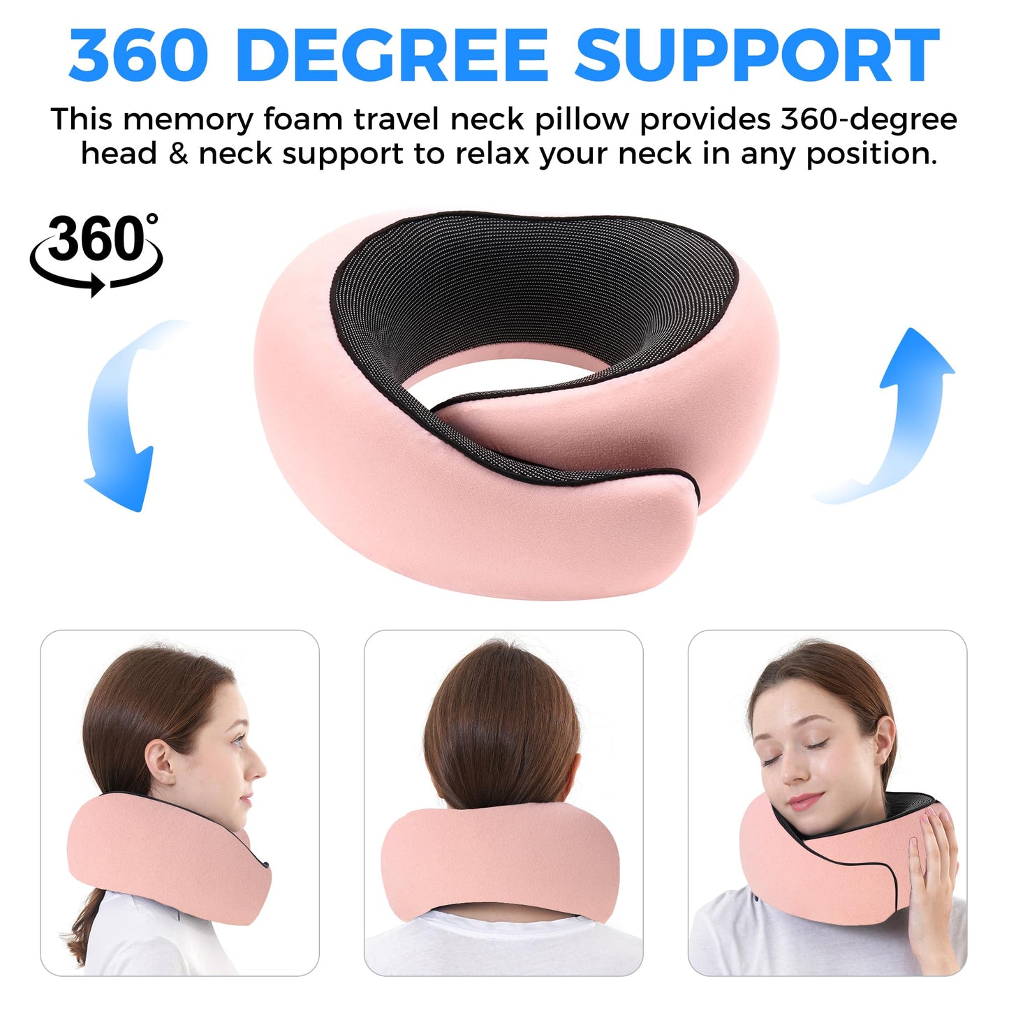 Tri-tra Travel Pillow,Travel Neck Pillows for Airplanes,Comfortable Breathable Cover,Memory Foam 360 Degree Support Stowable Pillows,Ideal Accessory for Sleeping Offices and Cars (Pink)