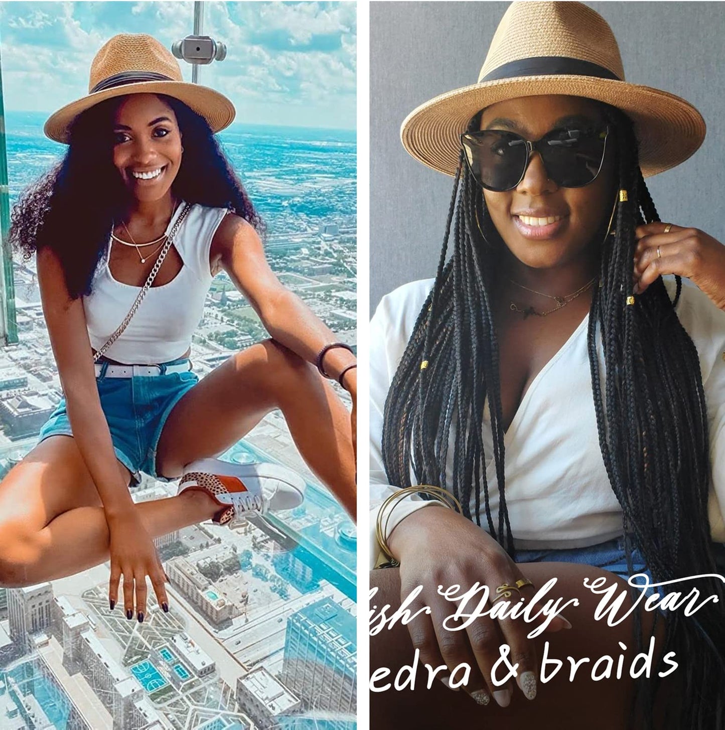 FURTALK Womens Mens Wide Brim Straw Panama Hat Fedora Summer Beach Sun Hats UPF Straw Hat for Women Khaki