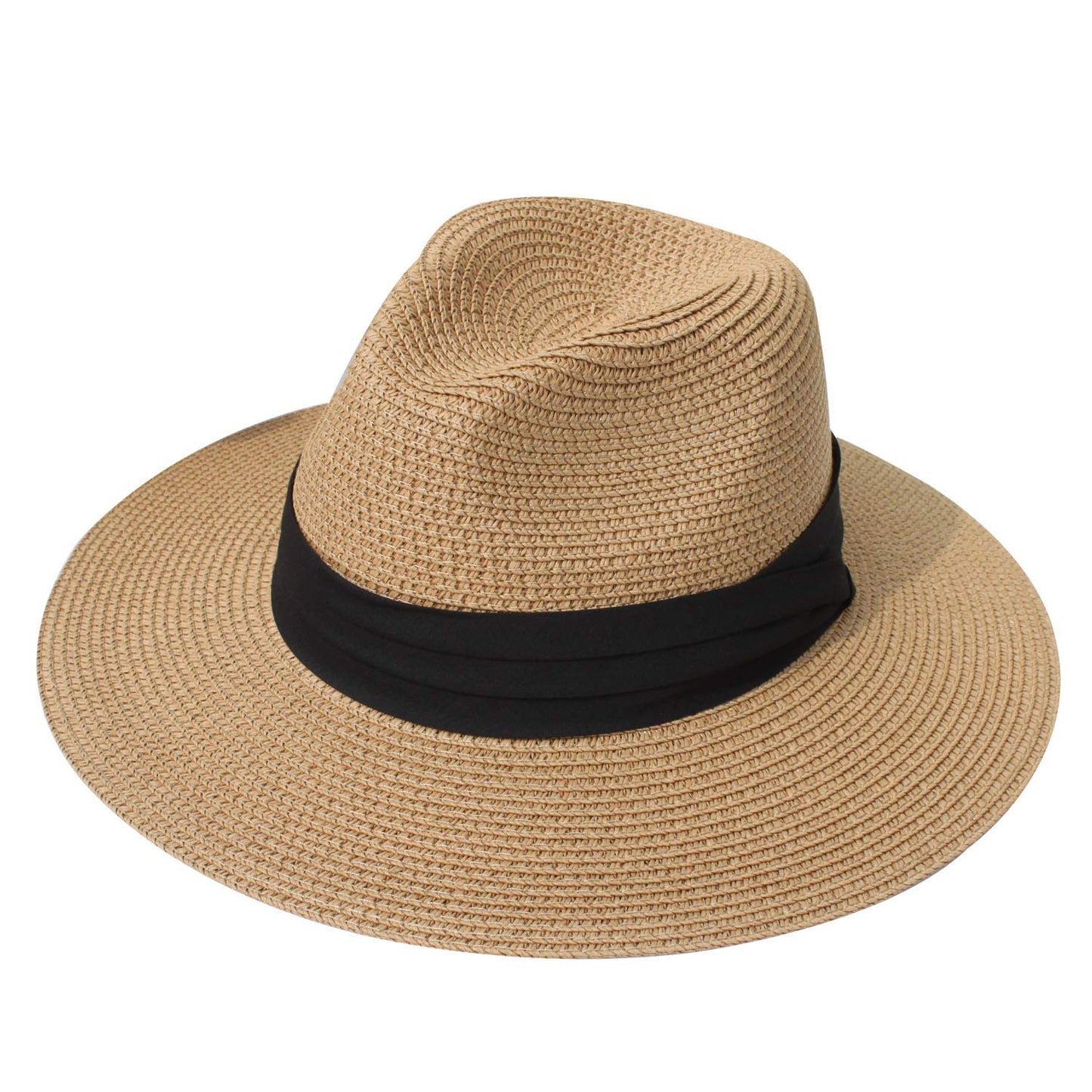 DRESHOW Women Straw Panama Hat Travel Fedora Beach Sun Hat Summer Wide Brim Straw Roll up Hats UPF 50+