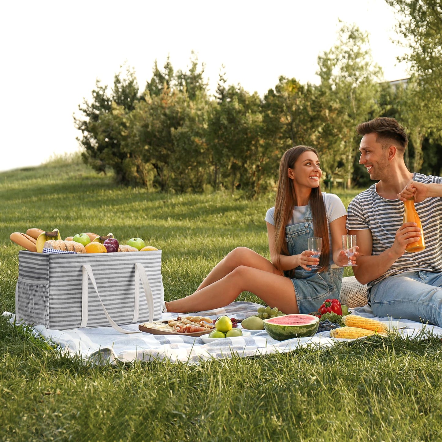 Lifewit Extra Large Tote Bag, Reusable Grocery Bags with Metal Wire Frame and Handles, Standing Utility Foldable Shopping Bags for Storage, Picnics, Beach, Pool, Laundry, Car, Camping, 1 Pack, Grey