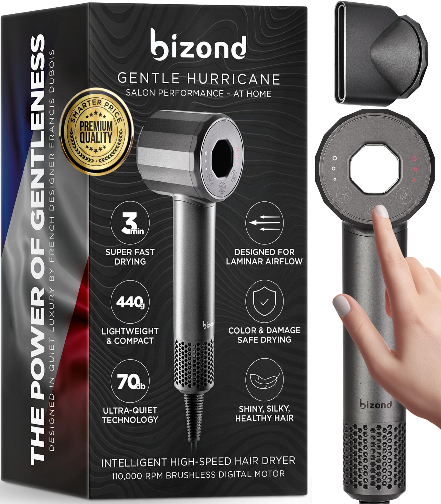 BIZOND Ionic Hair Dryer Premium Quality, High-Speed Professional Brushless Motor 110,000 RPM, 1600W Power, 9 ft Long Cord and Magnetic Nozzle, Lightweight Blow Dryer, Ultra Quiet Fast Drying (Gray)