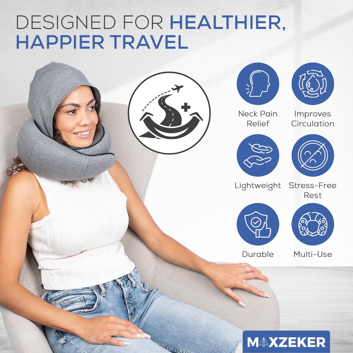 Maxzeker Airplane Pillow For Long Flight - Memory Foam Travel Pillow. Washable, Comfortable Breathable Cover. Carry Bag.Travel Neck Pillows For Airplanes, Best For Fong Flights, Home Use And Car Rides