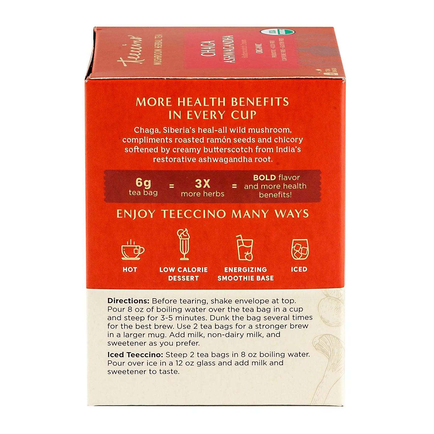 Teeccino Chaga Ashwagandha Tea - Butterscotch Cream - Organic Mushroom Adaptogenic Herbal Tea, 3x More Herbs than Regular Tea Bags, Prebiotic, Caffeine Free, Gluten Free - 10 Tea Bags