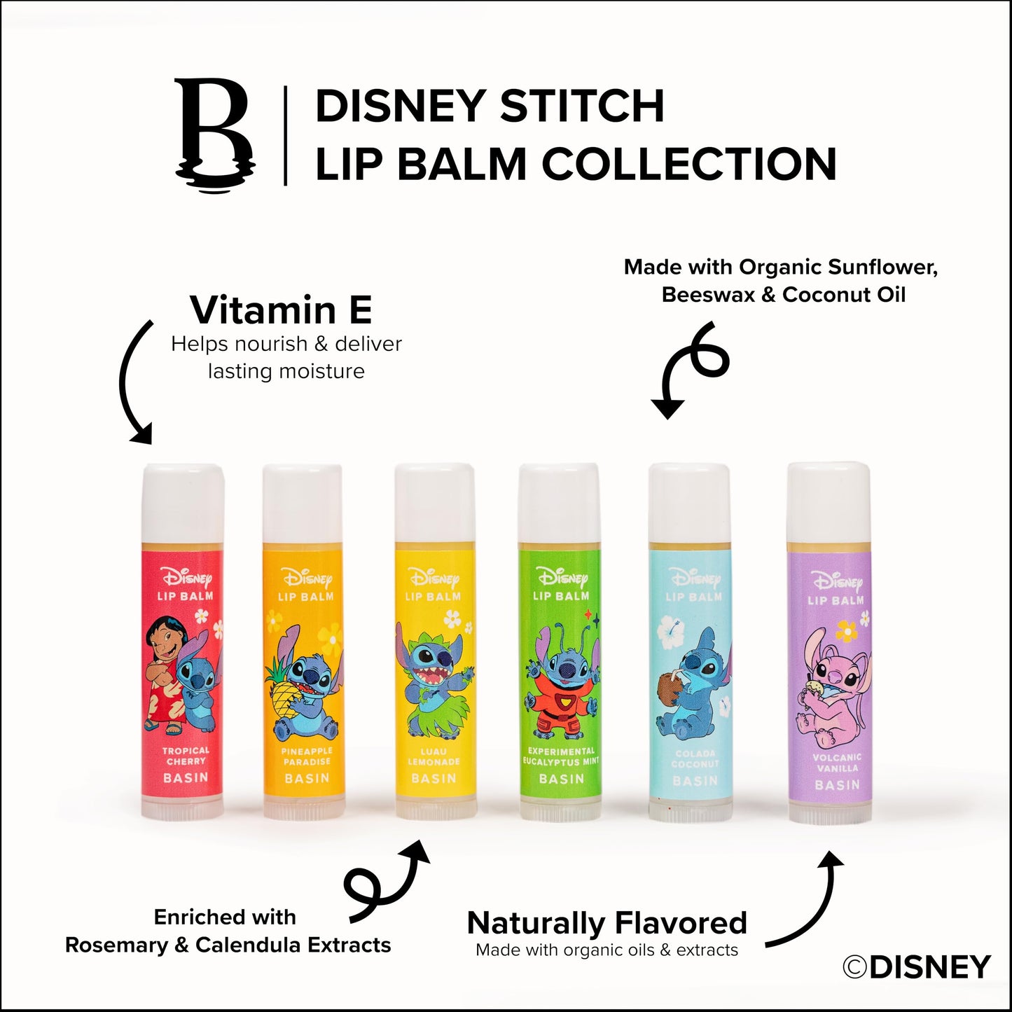 Basin Disney Stitch Lip Balm Collection | 6 Pack Tropical Flavors (Pineapple Paradise, Colada Coconut & More) | Organic Island-Inspired Gift Set, Official Disney, Made in USA