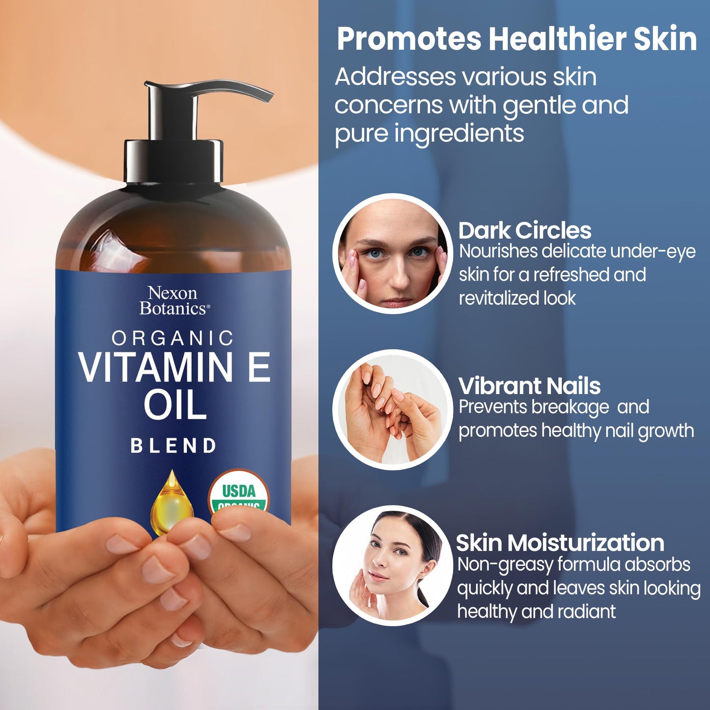 Organic Vitamin E Oil Blend 8 fl oz - Made from Pure, Natural Oils for Skin, Scars & Face - Aceite de Vitamina E - Nexon Botanics