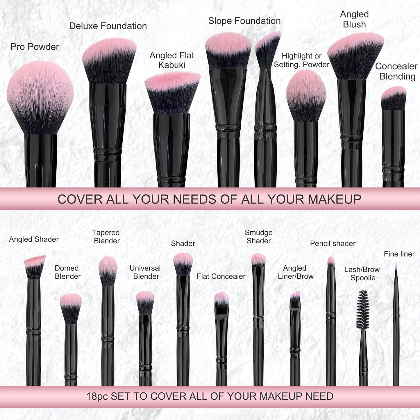 Bueart Design 18Pcs Pro Deluxe Fuchsia Pink Black Makeup Brushes set with Travel Make up Brush Holder case Foundation concealer contour Blush eyeshadow face make up brush set
