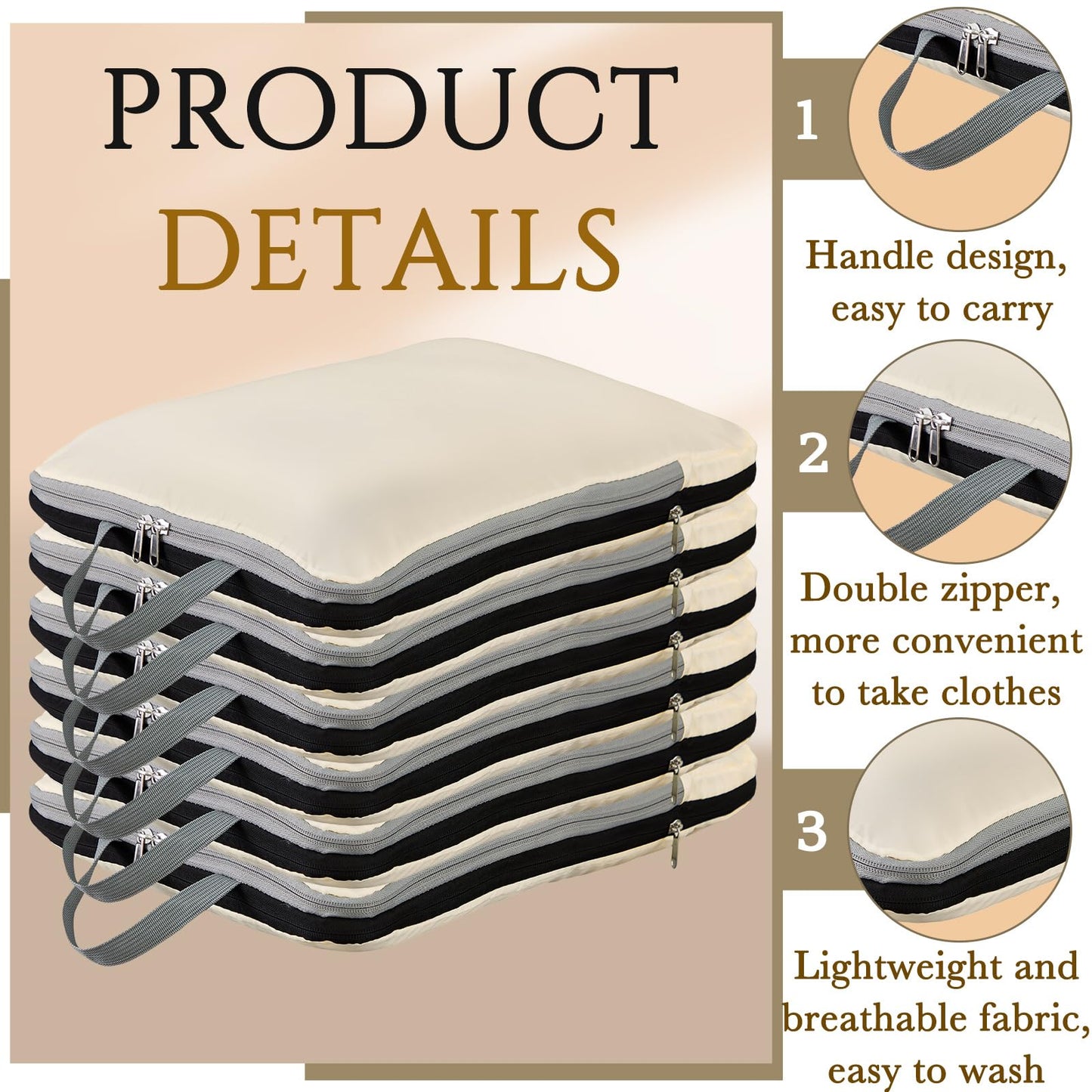 Hosuly 6 Pcs 17.3 x 12.6'' Compression Packing Cube Bag Extra Large Travel Expandable Space Saving Organizers XL for Luggage Storage(Beige)