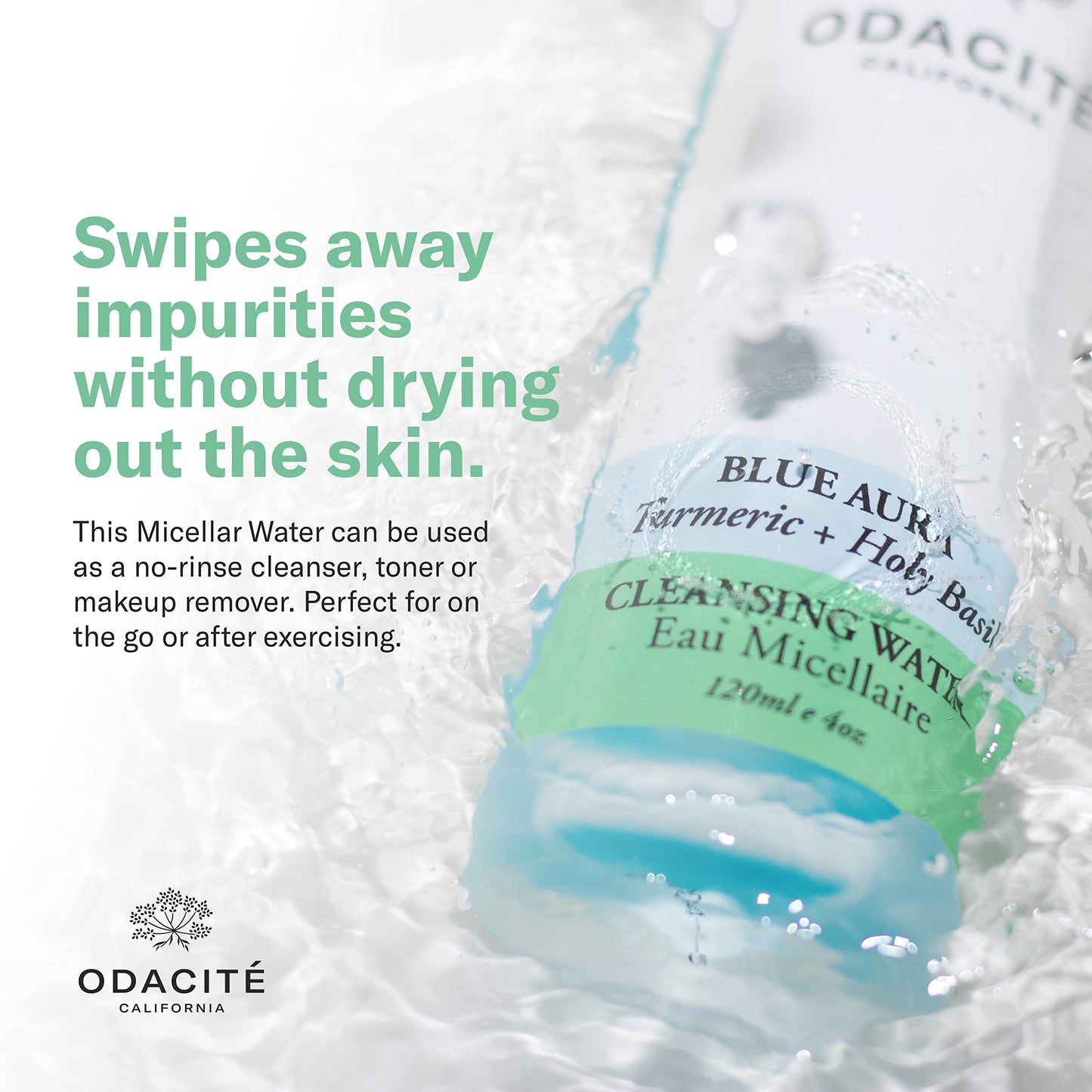 ODACITE Odacité Facial Cleanser with Foam - Blue Aura Cleansing Water Facial Wash with Neem, Holy Basil & Turmeric - No-Rinse Micellar Water Removes Pollution, Impurities & Makeup, 4.0 fl. Oz