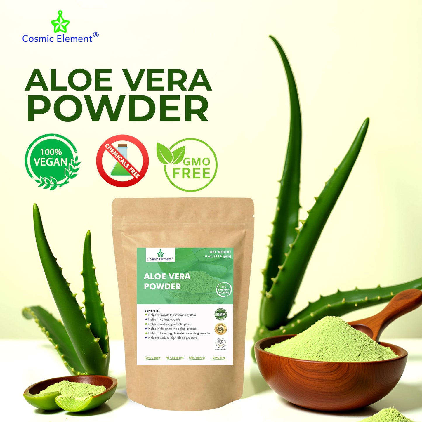 Cosmic Element Organic Aloe Vera Powder - 100% Pure Leaf Gel | Hydrating After Sun Care, Moisturizing for Face, Body & Skin | Ideal for Sun Burn, Acne, and Dry Skin - Aloe Vera Powder for Hair - 4 oz