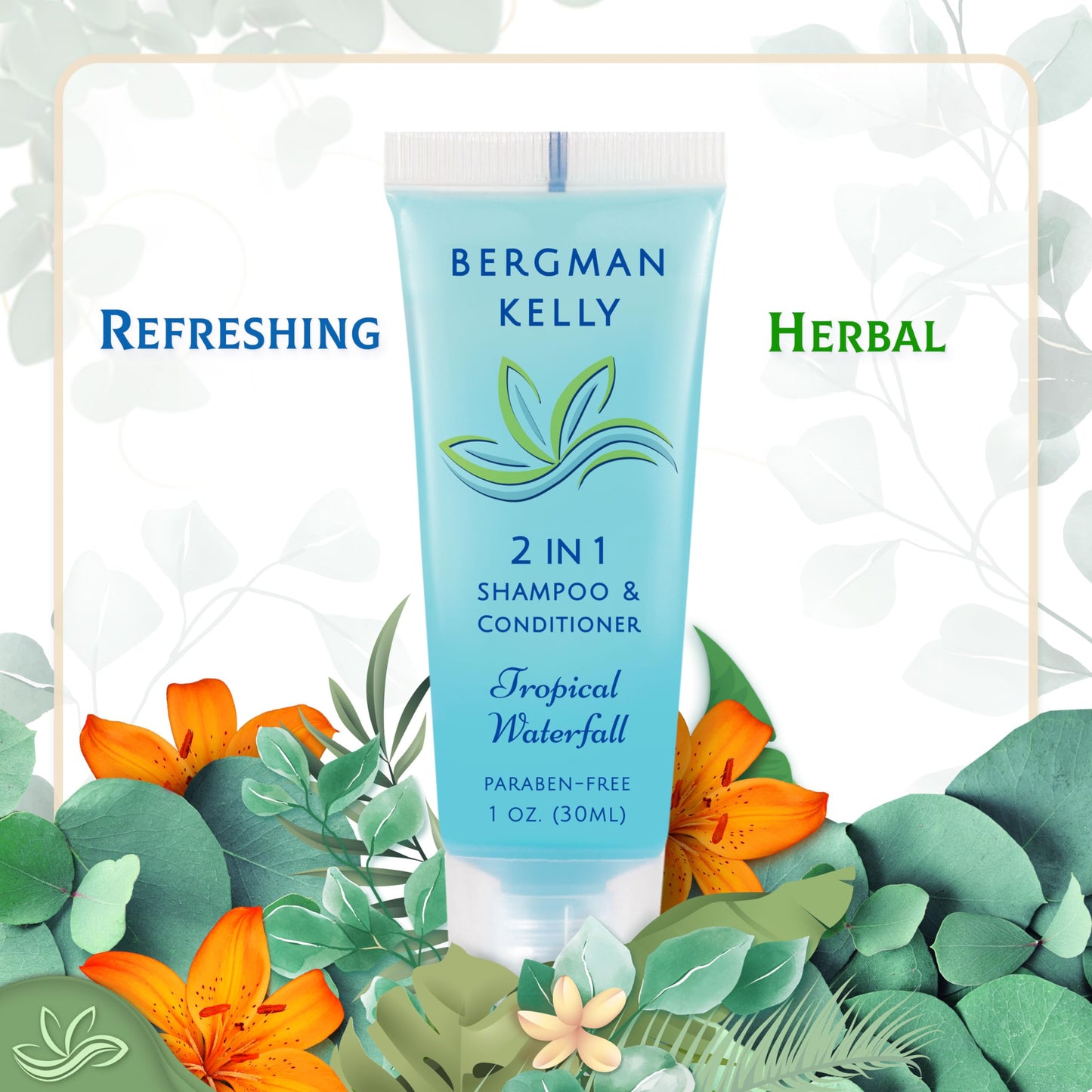 BERGMAN KELLY Round Soap Bars, 2in1 Shampoo & Conditioner 2-Piece Set (Tropical Waterfall, 1 oz each, 100 pc), Delight Your Guests with Revitalizing & Refreshing Sanitary Toiletries & Hotel Amenities