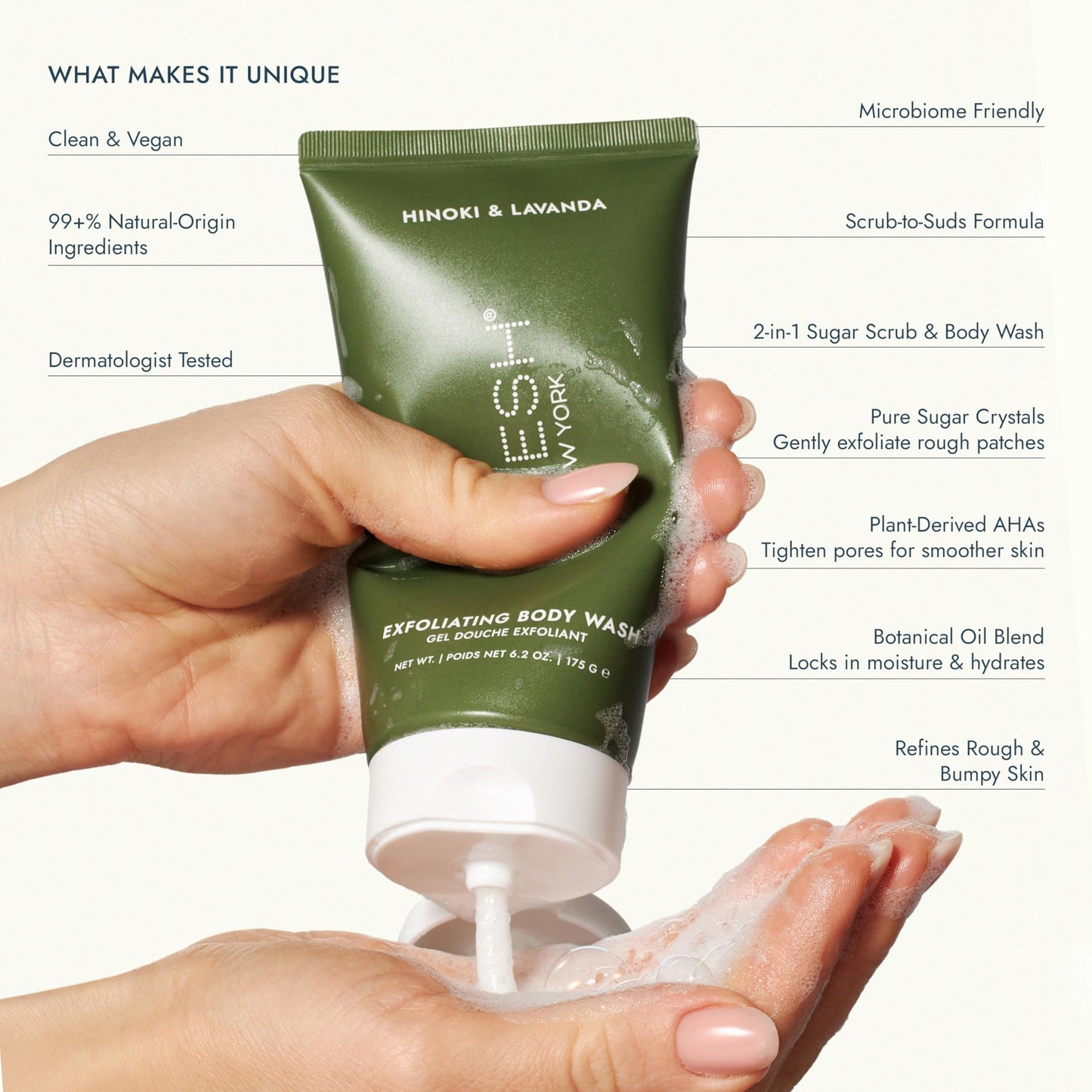 VOESH Exfoliating Sugar Scrub & Body Wash with Plant-Derived AHAs & Vegan Probiotics, K-Beauty Korean Skincare - Hinoki & Lavanda