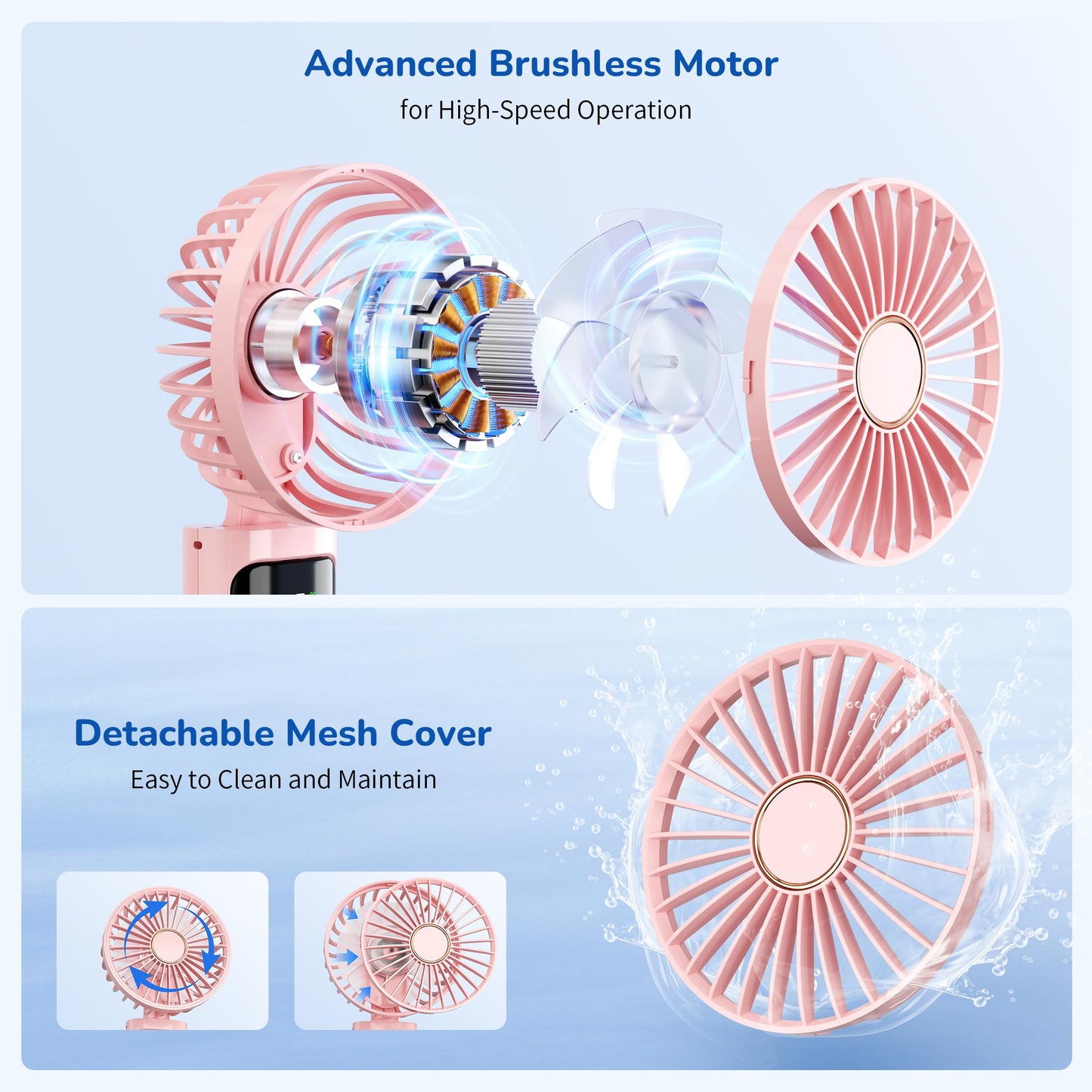 Portable Handheld Fan, USB Rechargeable Foldable Mini Personal Fan, 5200mAh, 180 Adjustable, 6 Speed Wind, 3 IN 1 Hand Cooling Desk Fan with LED Display for Home Office School Outdoor Travel, Pink