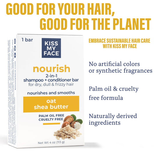 Kiss My Face 2-in-1 Shampoo + Conditioner Bar - Palm Oil, Cruelty-Free for Dry, Dull & Frizzy Hair with Oat and Shea Butter-113 grams
