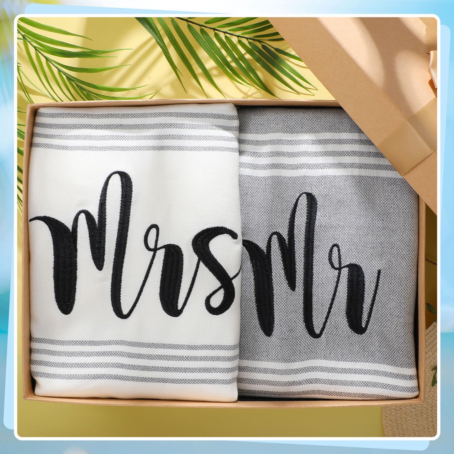 Preboun 2 Pcs Mr and Mrs Turkish Beach Towels Decorative Mr and Mrs Gift Embroidery Stripe Turkish Beach Towels for Honeymoon Newlywed Couple Wedding Gift 71 * 39 inch(Grey, White)