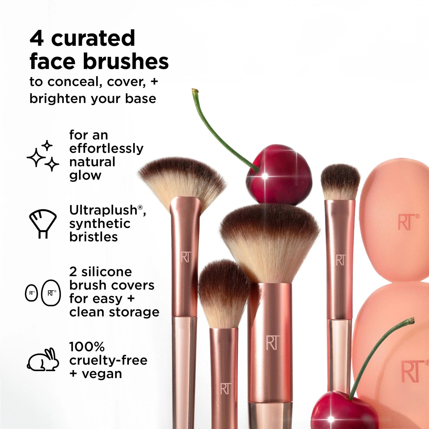 Real Techniques Cherry On Top A Brighter Hue Base Set, Face Makeup Brushes & Travel Covers, For Foundation, Concealer, Powder, & Blush, Synthetic Bristles, Vegan & Cruelty-Free, 6 Piece Set