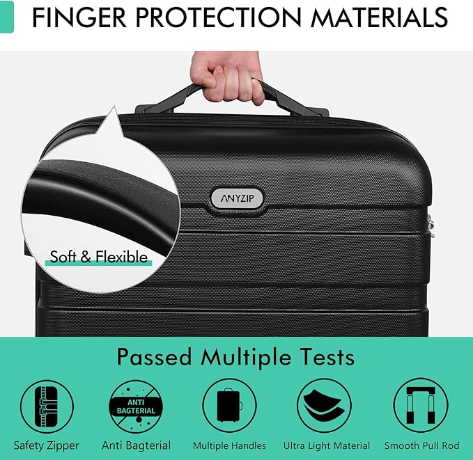 AnyZip Luggage Sets 3 Piece Hardshell Suitcase Set PC ABS Lightweight Travel Suitcases with 4 Double Spinner Wheels TSA Lock 20 24 28 Inch Black