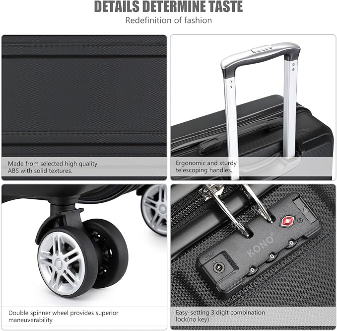 Kono 24 Inch Luggage Suitcase Lightweight with Spinner Wheels TSA Lock Hardside Medium Checked Luggage Durable Rolling Suitcase Black