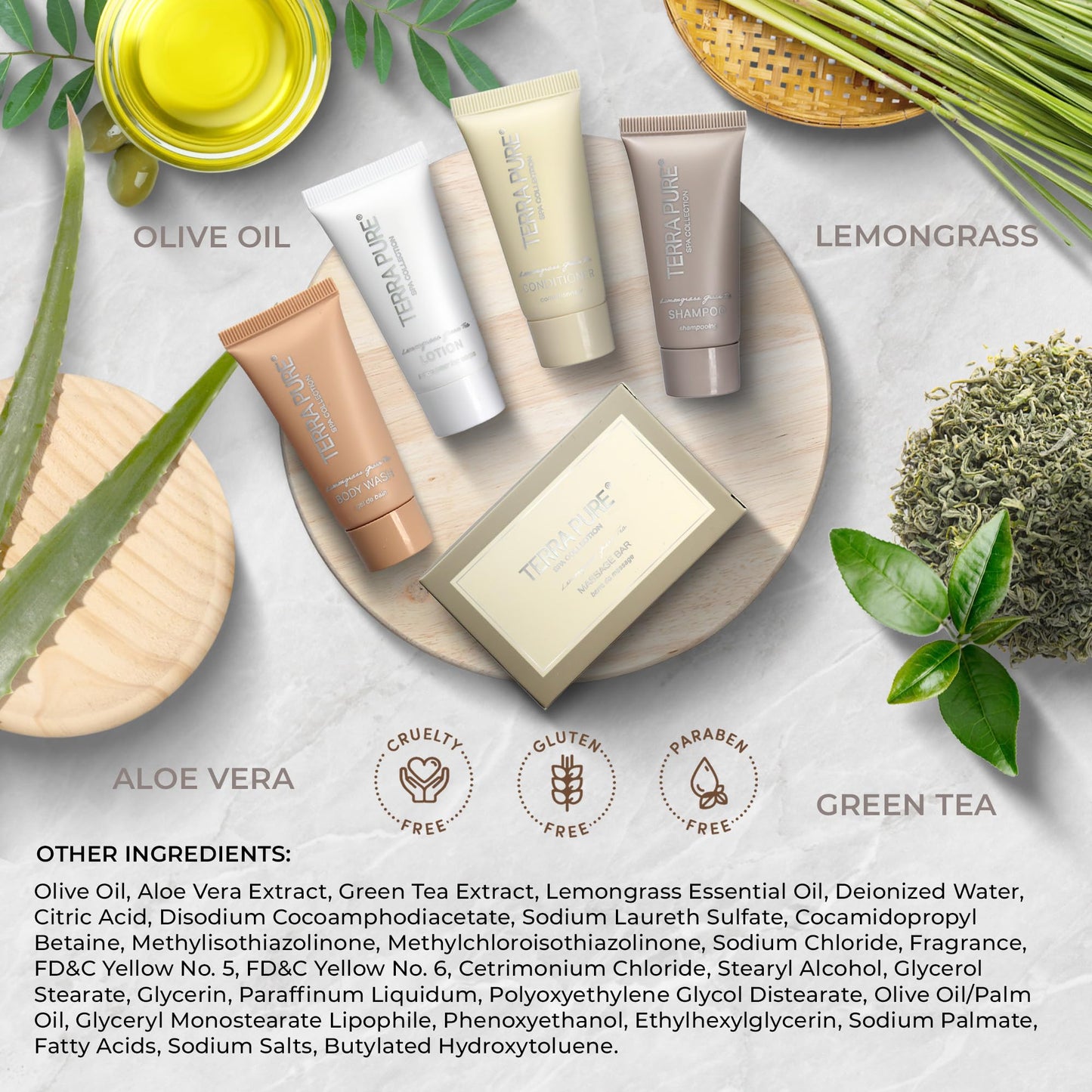 Terra Pure Spa Collection Amenity Kit | Hotel Bulk Toiletries | 0.85 oz Shampoo, Conditioner, Lotion, Body Wash, Massage Bar for Guest Hospitality Vacation Rentals | 1 Set/Case