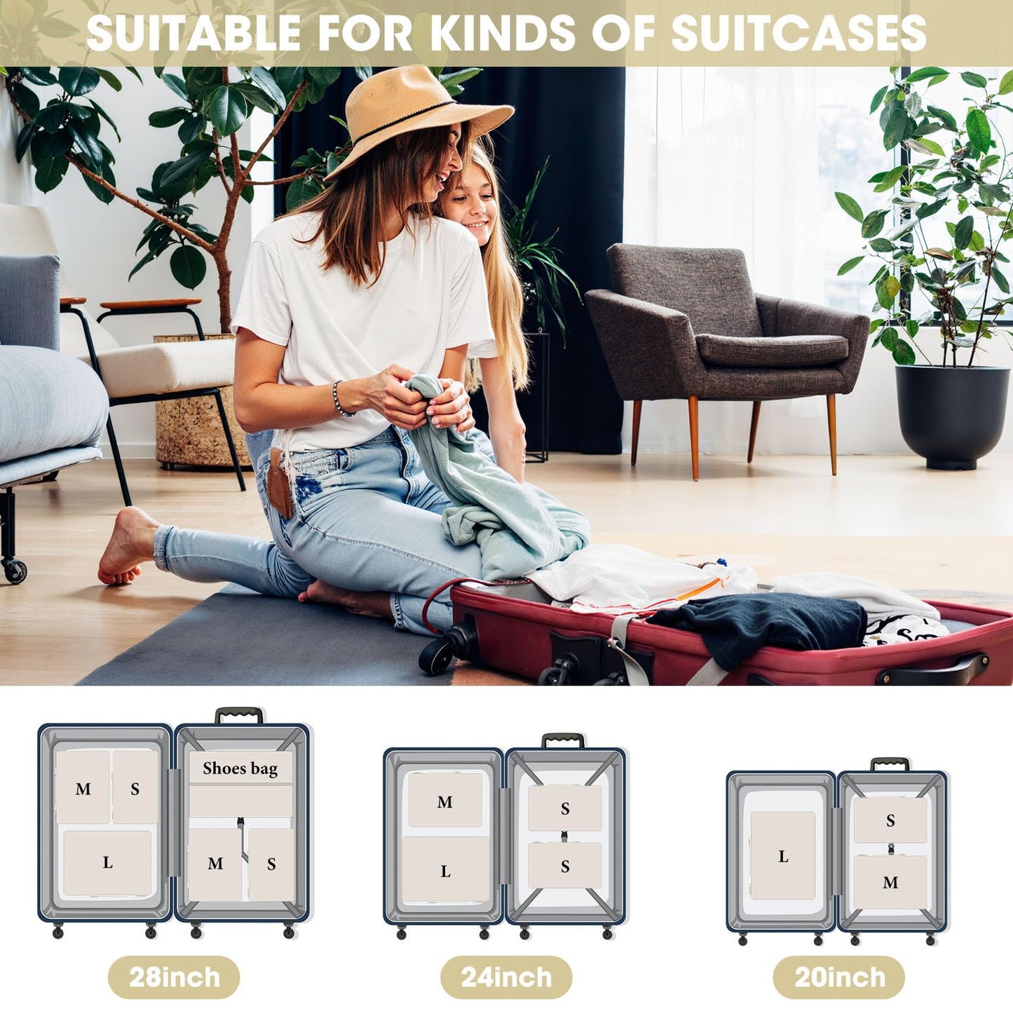 8 Set Compression Packing Cubes for Travel, Expandable Compression Cubes for Suitcases, Lightweight Suitcase Organizer with Shoes & Laundry Bags, Travel Accessories for Men Women (Beige)