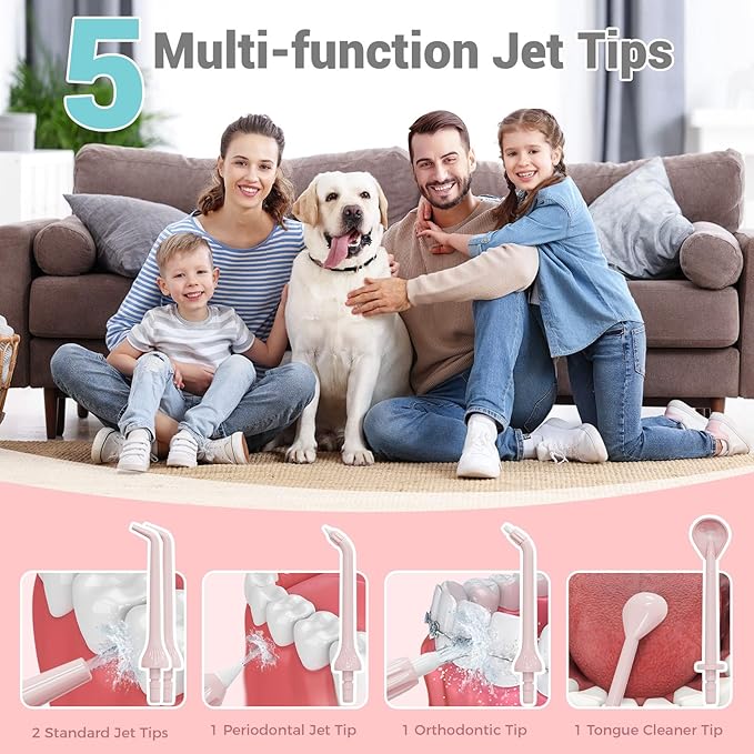 350ML Water Dental Flosser Teeth Pick with Travel Bag, 5 Modes Portable Cordless Oral Irrigator Cleaner, Electric Rechargeable IPX7 Waterproof for Home Travel Teeth Cleaning flossing (Pink)