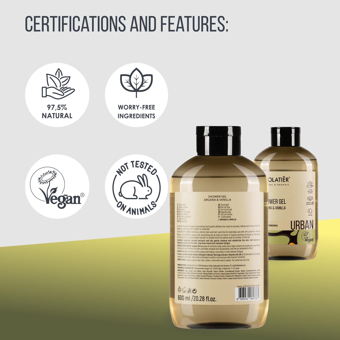 ECOLATIÈR Vanilla Body Wash with Organic Argan Oil - Moisturizing Natural Body Wash for Women & Men, 97.5% Natural Ingredients, Vegan, Hydrating & Antioxidant Care for Soft, Smooth Skin, 20.3 Fl Oz