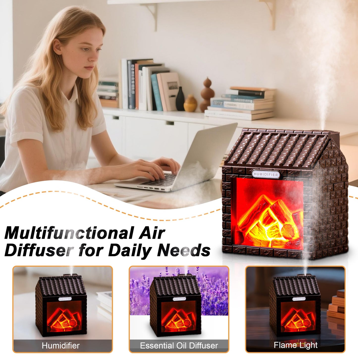 Fireplace Humidifier Diffuser,200ml Aromatherapy Essential Oil Diffuser with Cool Mist,Portable Aroma Humidifiers with Waterless Auto-Off for Home Office Bedroom Yoga (Brown)