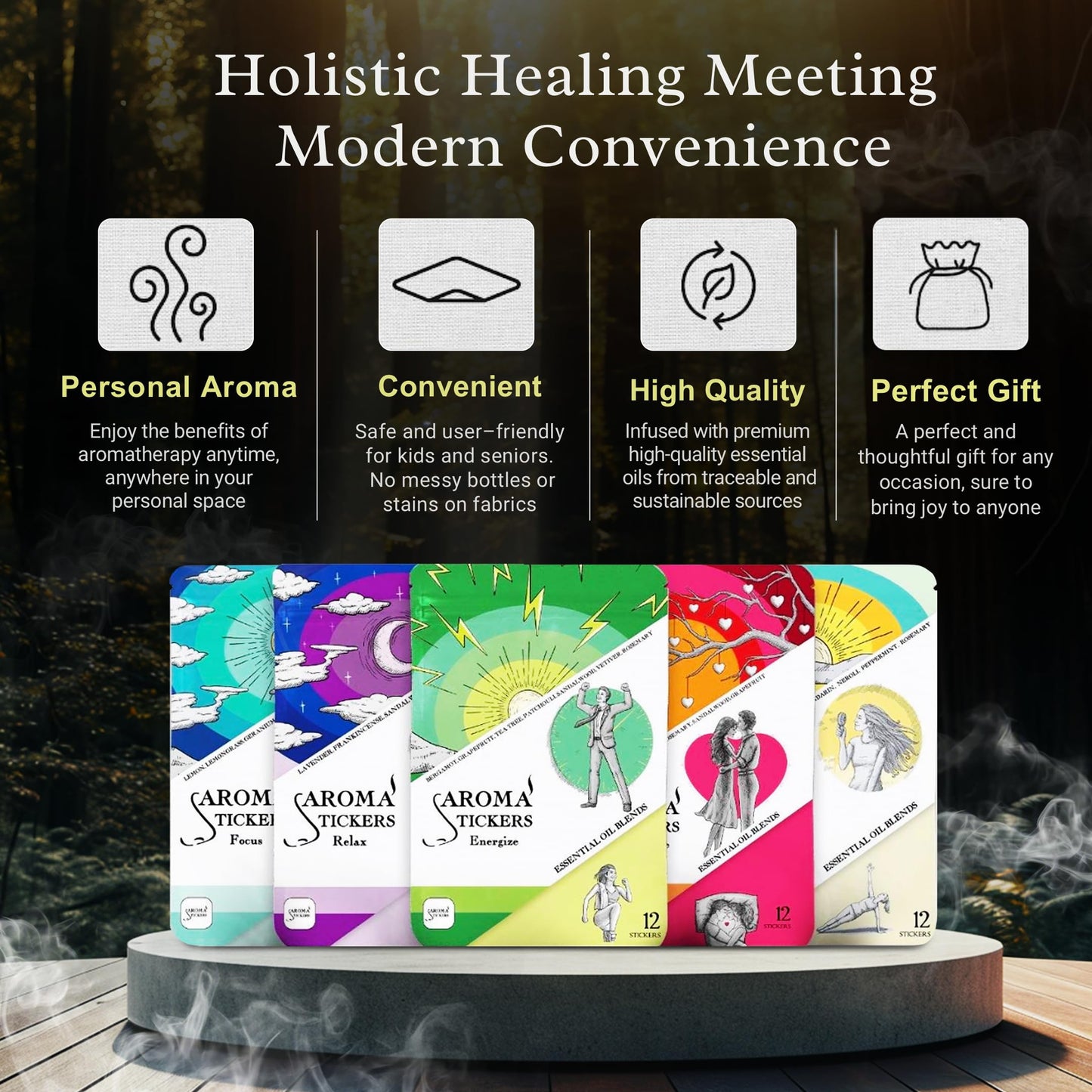 AROMA STICKERS® Original Blend Edition All in One - 100% Natural Essential Oil Scented - Aromatherapy Sticker Diffuser for Relaxation & Energy Boost (Pack of 5, 12 Stickers/Pack, 60 Stickers Total)