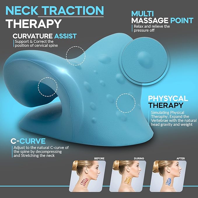 Neck Stretcher Cervical Traction, Neck and Shoulder Relaxer for Pain Relief, Ergonomic Neck Pillow, Neck Hump Corrector, Cervical Spine Alignment, Neck Curve Corrector (Light Blue)