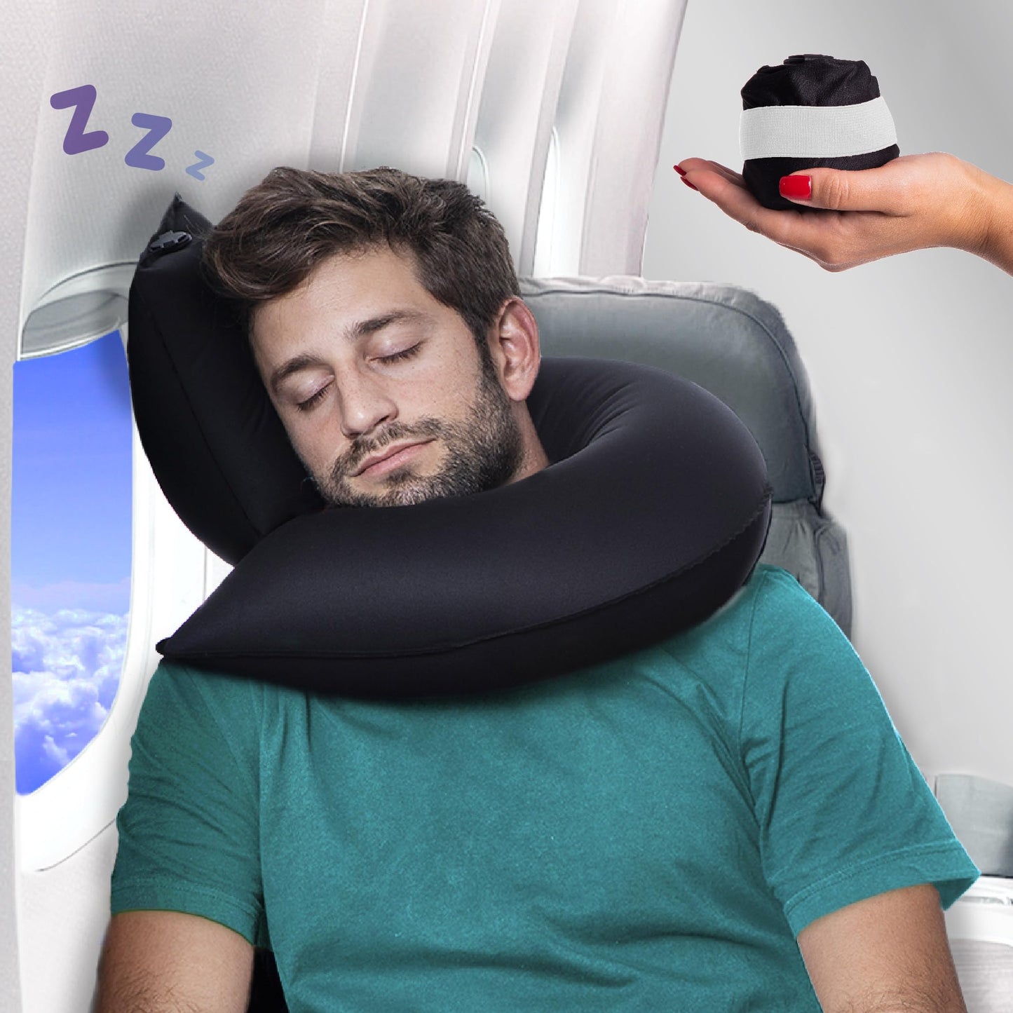 Inflatable Travel Pillow for Airplanes, Cars & Home – Adjustable Neck, Head & Chin Support – 360° J-Shaped Design – Blow Up Travel Pillow for Sleeping on Plane – Compact & Eco-Friendly