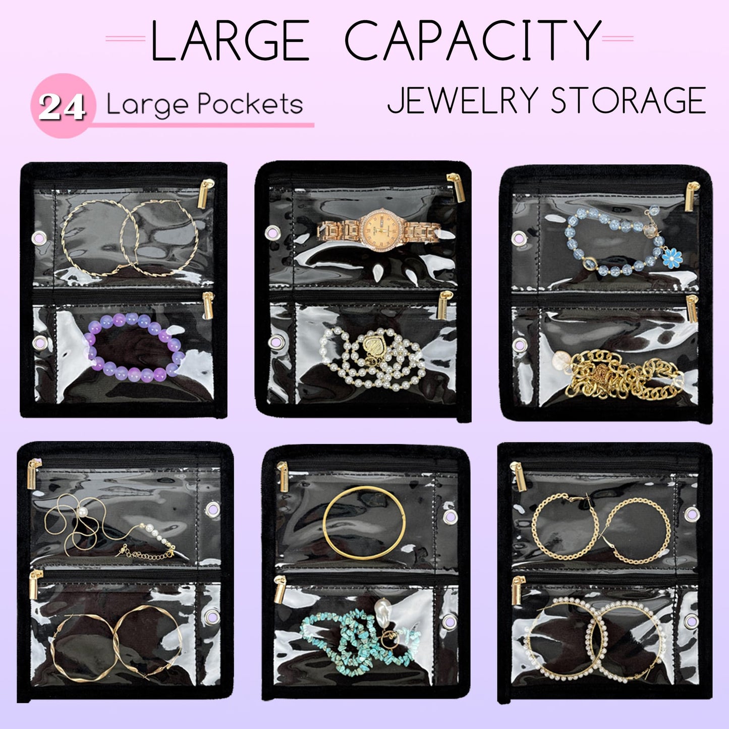 LingLingo Travel Jewelry Organizer Case,Jewelry Bags for Traveling, Jewelry Binder with 24 Pcs Clear Zipper Velvet Pouches for Storing Earrings, Rings, Necklace, Bracelet, Watch (Black)