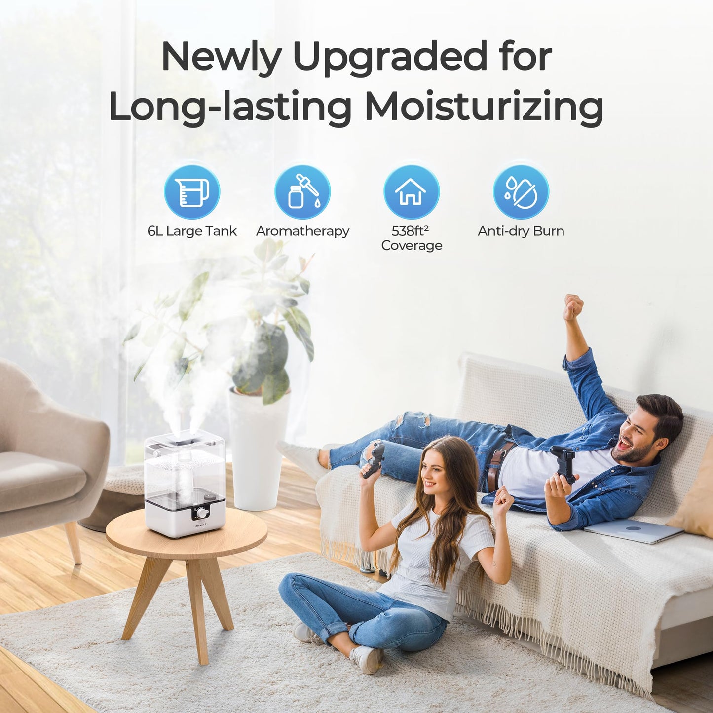 CHIVALZ Humidifiers for Bedroom, 6L Cool Mist Humidifiers for Baby Nursery, 26dB Quiet, 50H Runtime, Top Fill Humidifier for Large Room, Home, Plants, Nightlight, Oil Diffuser 1 Pack White