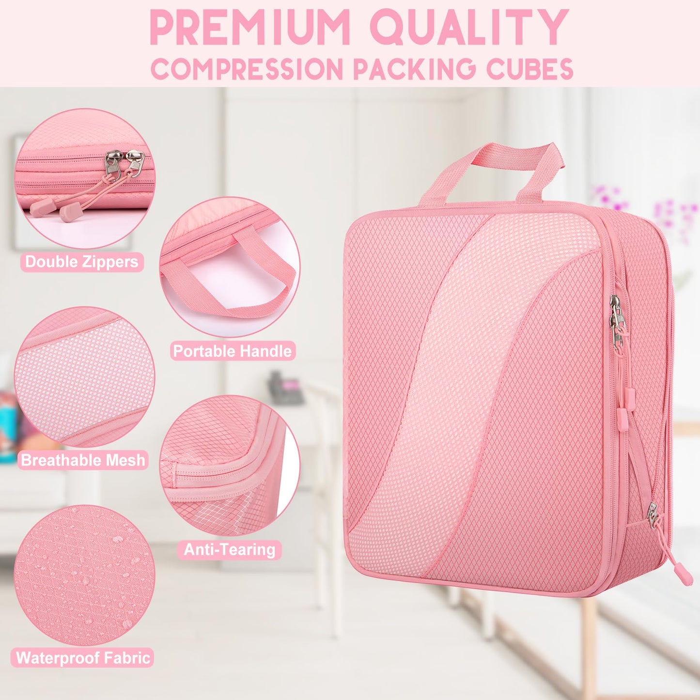 8 Set Compression Packing Cubes Travel, Expandable Travel Cubes for Carry on Luggage, Suitcase Organizer Compression Bags for Travel Essentials, Pink