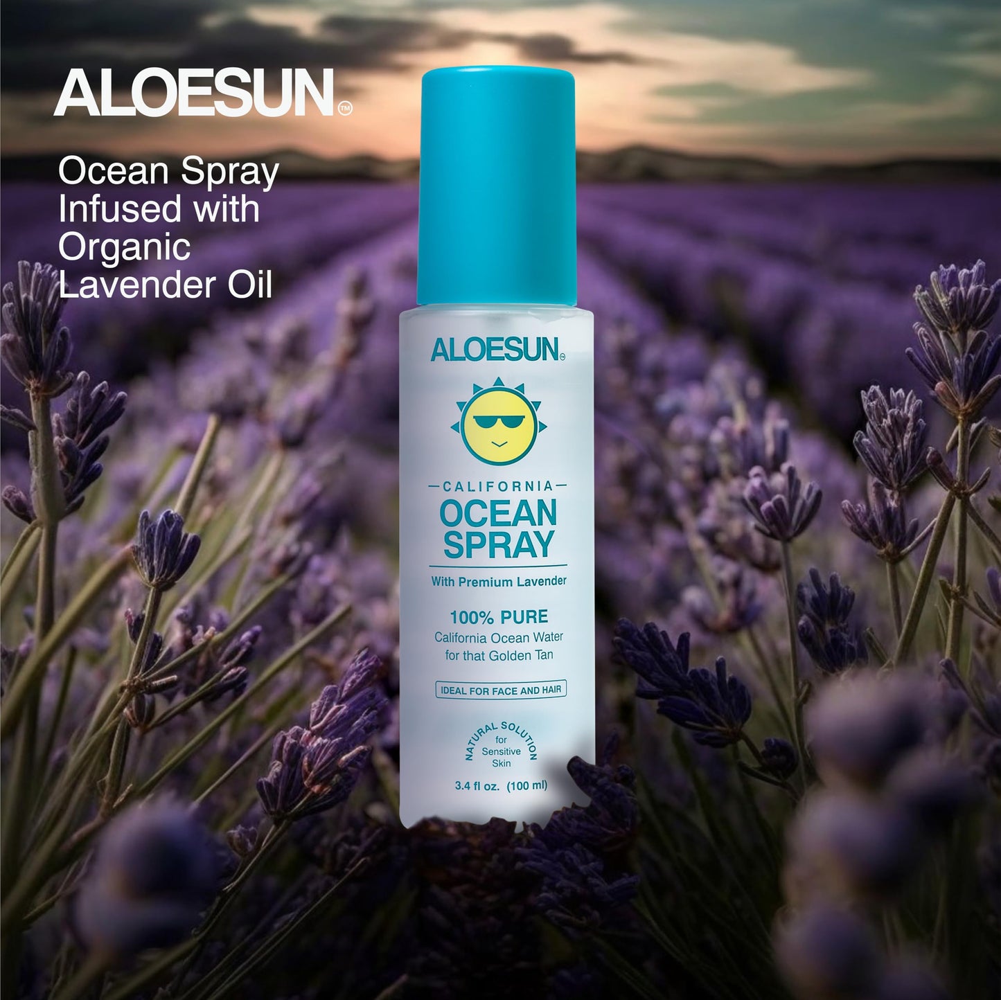 ALOESUN Ocean Spray | Pure California Sea Salt Water Face Mist Infused with Organic Lavender Essential Oil for Tanning | Hair & Scalp Exfoliating Solution | Facial Moisturizer | Travel Size 3.4 Fl Oz